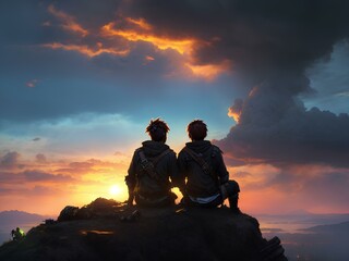 Wall Mural - Two close friends sitting on top of the hill watching the sunset