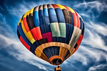 Wall Mural - A close-up of a colorful  air balloon floating against a brilliant blue sky.