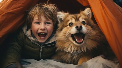 Wall Mural - portrait of a child with a dog at Christmas night