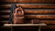 A leather travel backpack and its essentials are showcased against a backdrop of rustic wooden wall.