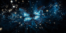 Butterfly On Blue Background, A Butterfly With Stars Glistening And Shimmering Mate