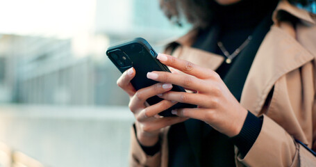 Poster - Hands, phone or woman in city to chat on social media, internet post or website notification. News info, blog update or closeup of entrepreneur texting, networking or typing online on mobile app