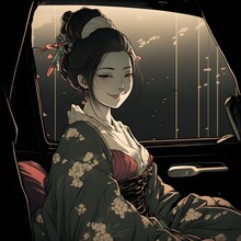 A Japanese Courtesan Sits And Laughs On The Back Seat Of A Caranimemanga Style Dark 
