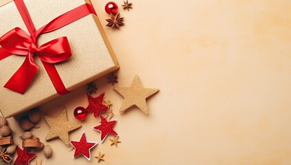  Gift box with red ribbon and christmas decoration on wooden background