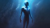 Fototapeta  - Full body diver in diving suit going deeper and deeper reaching dark blue depths 