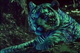 Fototapeta  - stillframe from Legend of Zelda as liveaction film magic green tiger in jungle Darkfantasy 1987 Magic glitter sequins neon lights 