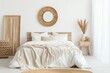 Close up of contemporary Scandinavian timber bedroom with rattan furniture, double bed, duvet, pillows, mirror, and white decor in frame mockup and total white project draft. Generative AI