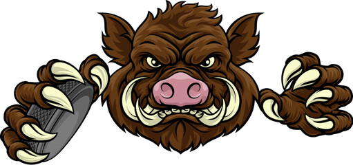 Poster - A wild boar, hog razorback warthog pig hockey sports cartoon mascot