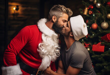 A Handsome Gay Man Kissing A Handsome Santa Clause In Front Of A Christmas Tree 