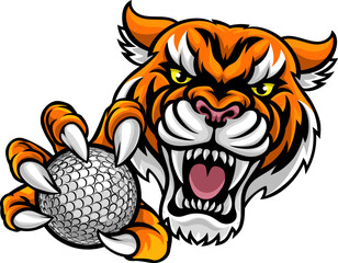 Sticker - A tiger cat animal sports mascot holding golf ball