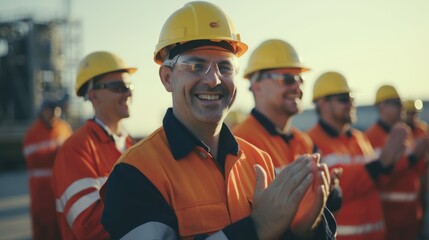 Wall Mural - Group of professional petroleum engineer feeling happy and successful after hard working at the exploration of petroleum site oil construction.