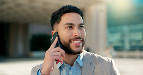 Canvas Print - Negotiation, city or happy businessman on a phone call talking, networking or speaking to chat. Mobile, communication or Arabic male entrepreneur in conversation, discussion or deal offer outdoors