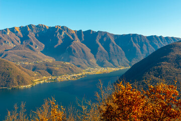 Panoramic View over Lake Lugano and Village with Mountain in a Sunny Day in Vico Morcote, Ticino in Switzerland.