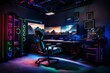 A high-end gaming setup with a gaming chair, multiple screens, and RGB lighting.
