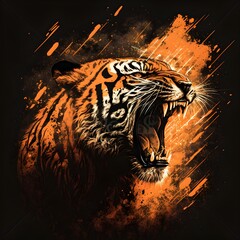  illustrated epic bengal tiger roaring orange rays in background 