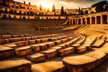 An ancient Roman amphitheater bathed in golden sunlight, with rows of weathered stone seats.
