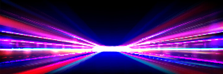 Poster - Abstract red and blue speed line night effect vector background. Dynamic road color trail. Internet data long streak graphic pattern. Highway exposure quick move bright tail cyber banner concept
