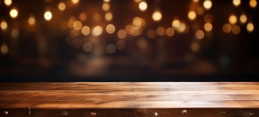 Wall Mural - empty wooden table. cozy corner. background bokeh in vintage cafe. blurred ambiance. coffee shop dre