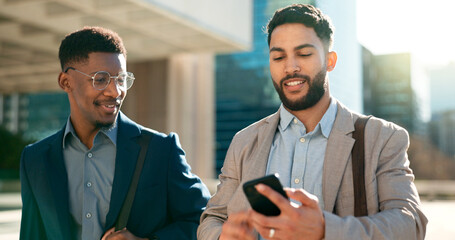 Poster - Outdoor, men and walking with business people, smartphone and planning with social media. Staff, city and cellphone with feedback, speaking and cooperation with professional, digital app and smile