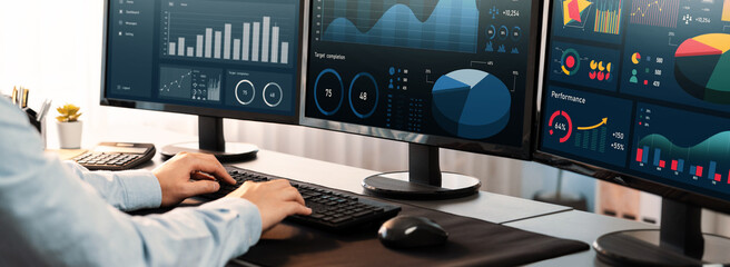 Poster - analyst working on data analysis or bi dashboard on computer monitor. businessman analyzing financia
