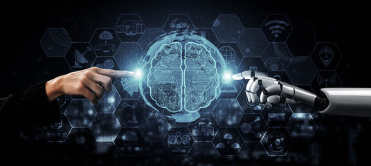 Poster - 3d rendering artificial intelligence ai research of robot and cyborg development for future of peopl