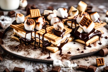 A close-up of a gooey and indulgent s'mores dessert with toasted marshmallows and melted chocolate