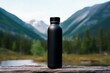 Sleek metal bottle in black. Empty cam mockup for travel. Clear flask with liquid for hiking or alpinism. Generative AI