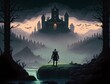 A lone leather armor wearing elf approaches a sinister swamp fortress pale moon illuminates the scenery through drifting mist 16bit Sierra adventure game pixelart theme2 