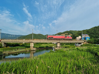 Canvas Print - A rural scene with a red train crossing a bridge.