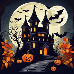 Spooky castle with pumpkins and bats