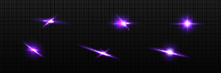 Poster - purple star light flare vector twinkle glow effect. bright camera flashlight glitter spark. isolated