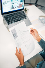 Poster - Hands, pen and human resources with CV, hiring and recruitment in workplace, information and job application. Person reading resume, employee choice and onboarding, opportunity and administration