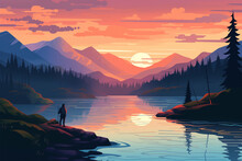Vector Illustration Of A View Of People Fishing In A Lake