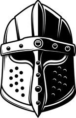 Wall Mural - Illustration of knight's helmet in engraving style. Design element for emblems, sign, banner. Vector illustration