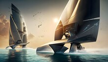 The Future Of The Americas Cup With 2 Aliens Sailing Foiling Superyachts Looking Like Spaceships Racing Each Others On Crystalline Waters Of A Tropical Extrasolar Lagoon 