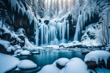 A Serene Winter Landscape With A Frozen Waterfall Cascading Down Icy Cliffs.