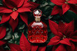 Crystal red bottle with perfume, red flowers and green leaves background