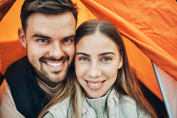 Poster - Happy couple, face and portrait in tent for camp, holiday vacation or travel together on outdoor adventure. Closeup of man or woman smile in relationship on weekend, love camping or journey in nature