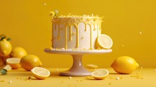 Lemon Cake Luxury Style On Yellow Background,for Birthday Cake,dessert Food Concept And For Presentation Advertising With Copy Space.