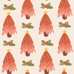 Wall Mural - Cute hand drawn christmas seamless vector pattern background illustration with christmas trees and holly bush