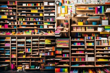 Wall Mural - Shelves filled with colorful office supplies like pens, notebooks, and sticky notes.