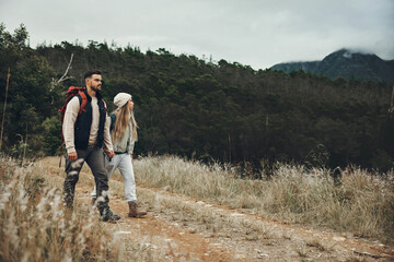 Poster - Couple walking, hiking and nature with travel, mountain and backpacking with wilderness and explore outdoor. People holding hands, adventure and holiday with date, environment and trekking path