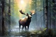 Majestic moose with stunning antler in a serene forest, symbolizing harmony between wilderness and wildlife, promoting exploration and adventure. Generative AI