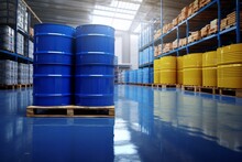Blue Drum On Pallets Filled With Liquid Chemicals In Warehouse For Customer Delivery. Chemical Production And Industrial Concept. Generative AI