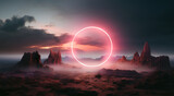 Fototapeta  - Abstract landscape with mysterious glowing circle in the air above rocky desert
