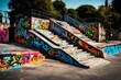 A skateboarding ramp covered in colorful graffiti art.