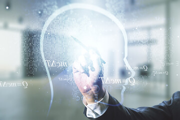 Poster - Man hand with pen working with abstract virtual artificial Intelligence interface with human head hologram on blurred office background. Multiexposure