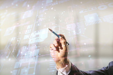 Aufkleber - Multi exposure of businessman hand with pen working with abstract graphic coding sketch on blurred office background, big data and networking concept