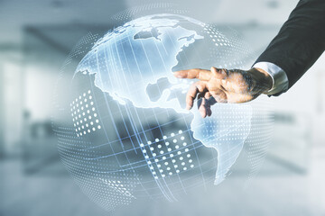 Poster - Double exposure of man hand presses on digital map of North America on blurred office background, research and strategy concept