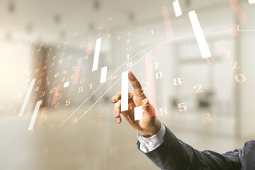 Aufkleber - Double exposure of man hand working with virtual creative financial diagram on blurred office background, banking and accounting concept